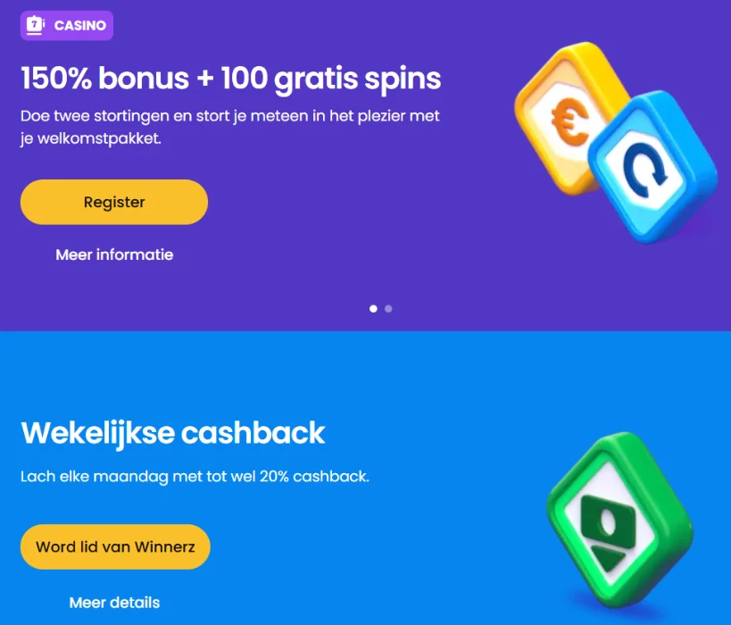 Winnerz Casino bonus en wekelijkse cashback promoties