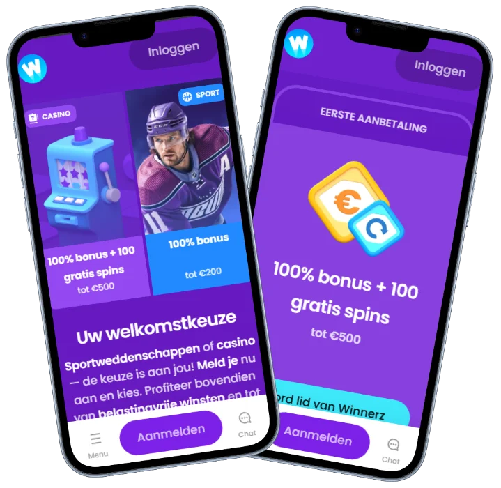 Winnerz Casino mobiele schermen met welkomstbonus, casino keuze en aanmelden
