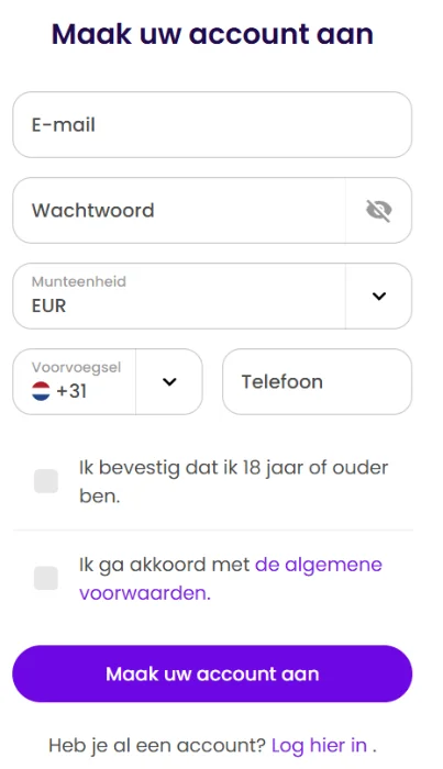 Winnerz Casino registratieformulier om een nieuw account aan te maken