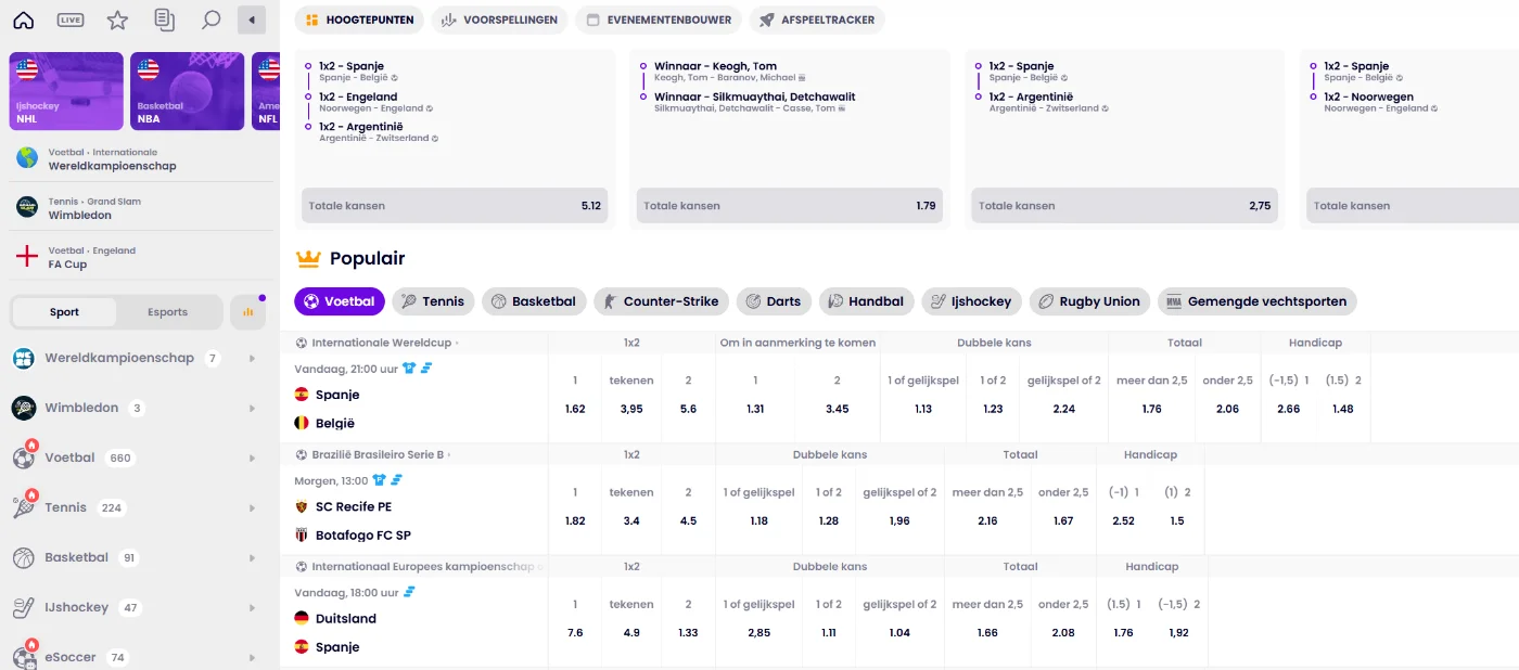 Winnerz Casino sportweddenschappen scherm met voetbal odds en populaire markten
