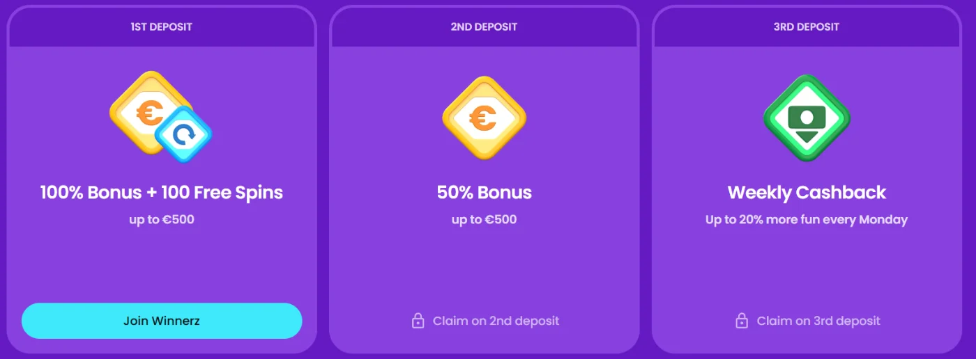 Winnerz Casino welkomstbonus met 100 free spins, tweede storting en wekelijkse cashback